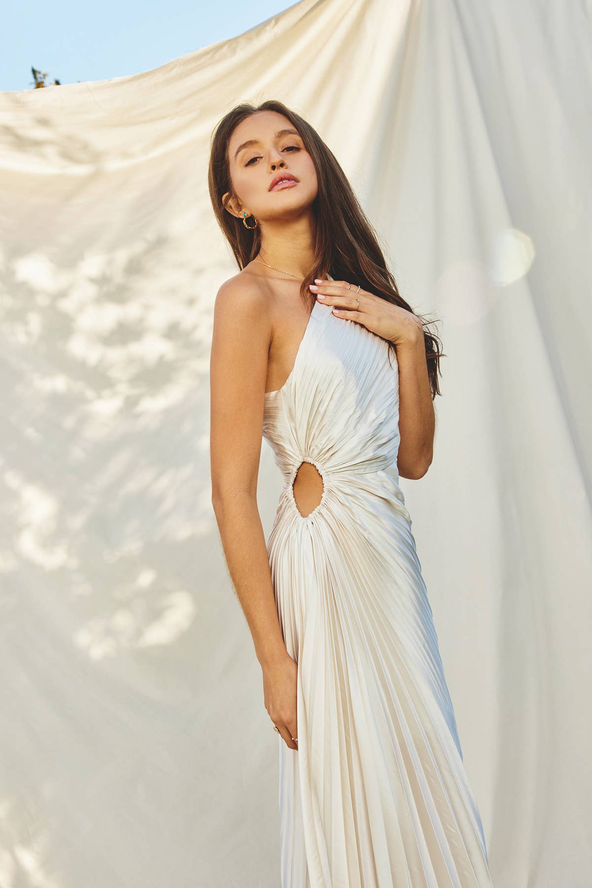 Olympia Asymmetrical Pleated Maxi Dress : BLUE SAPPHIRE