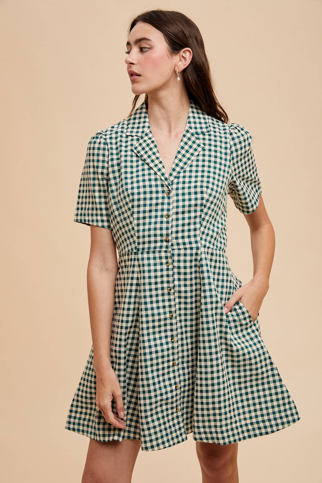 BUFFALO CHECK LAPEL MINI DRESS: MOCHA MOUSSE / ILD6403