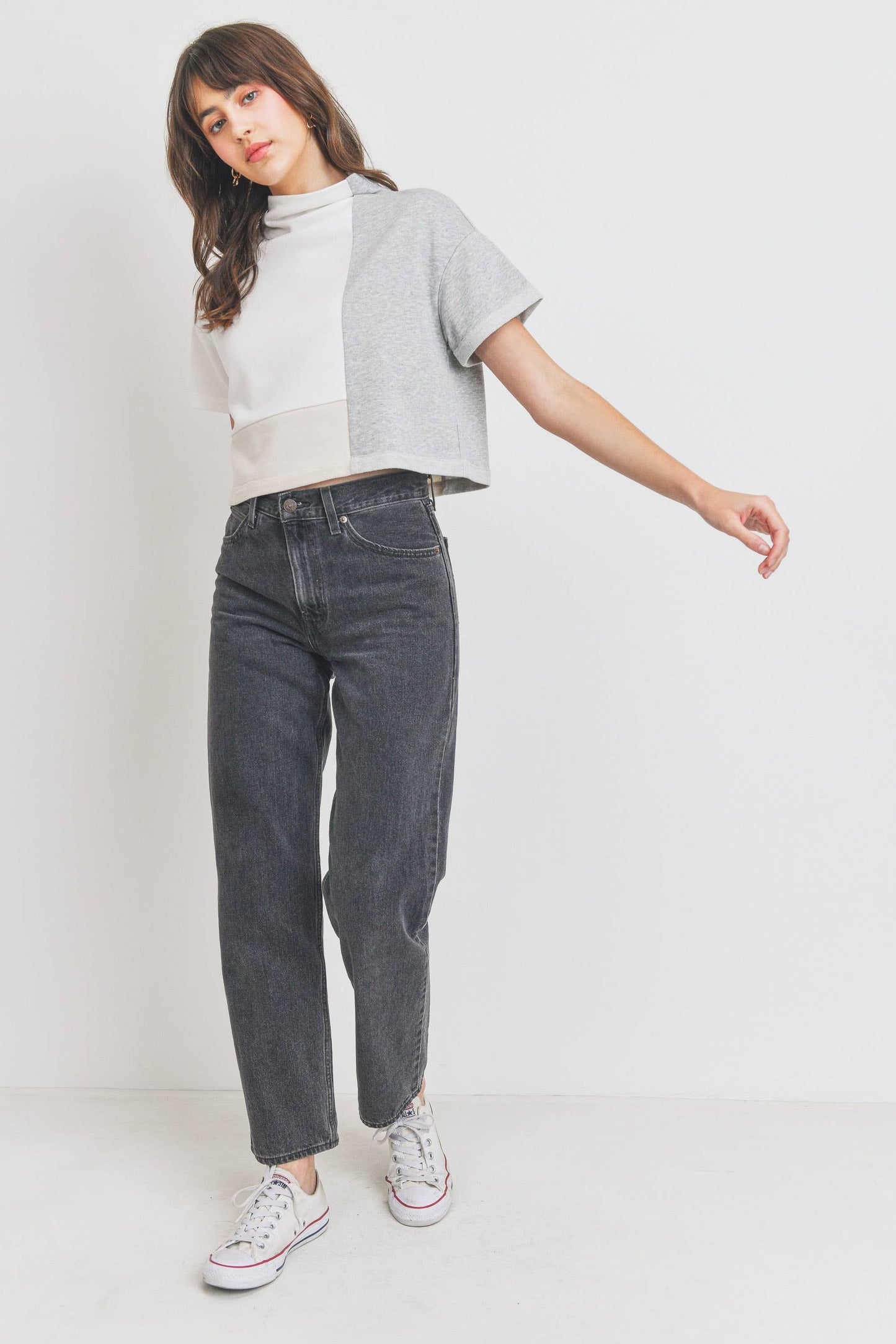 Turtle Neck Color Block Crop Top: IVORY MULTI