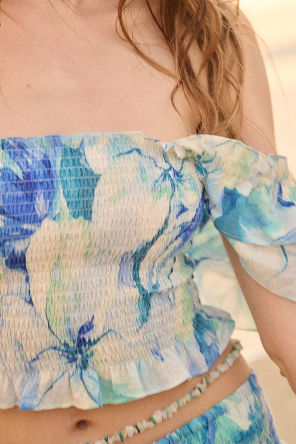 Floral Smocked Ruffle-Sleeve Off-Shoulder Crop Top: AQUA BLUE / YTC1868C