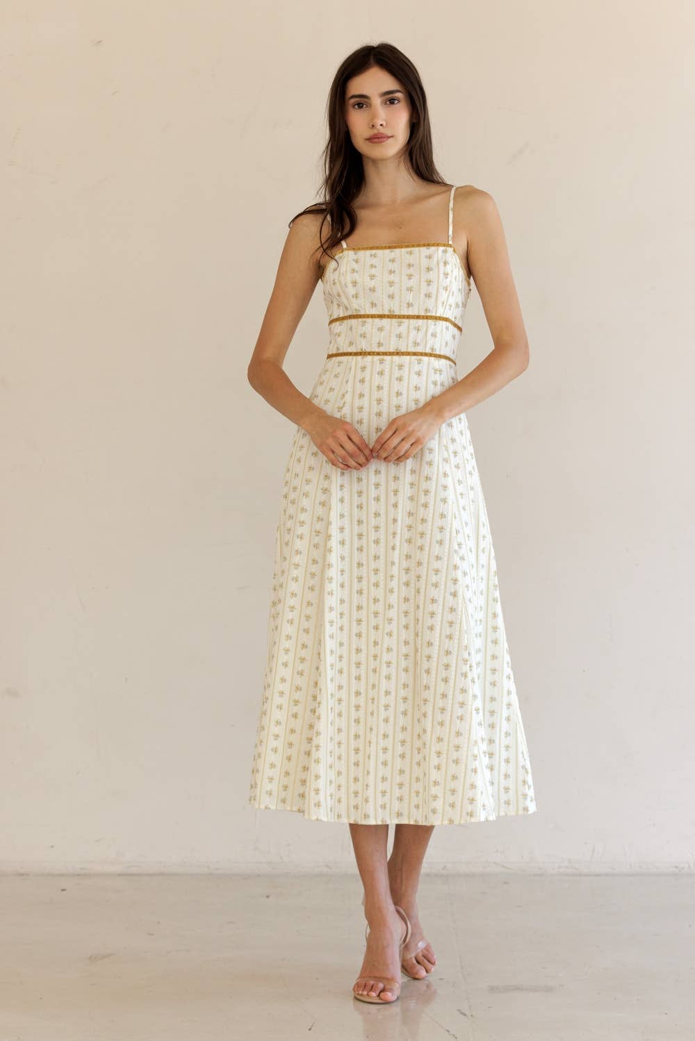 JD7723-FLORAL STRIPED MIDI DRESS: CREAM/YELLOW FLORAL