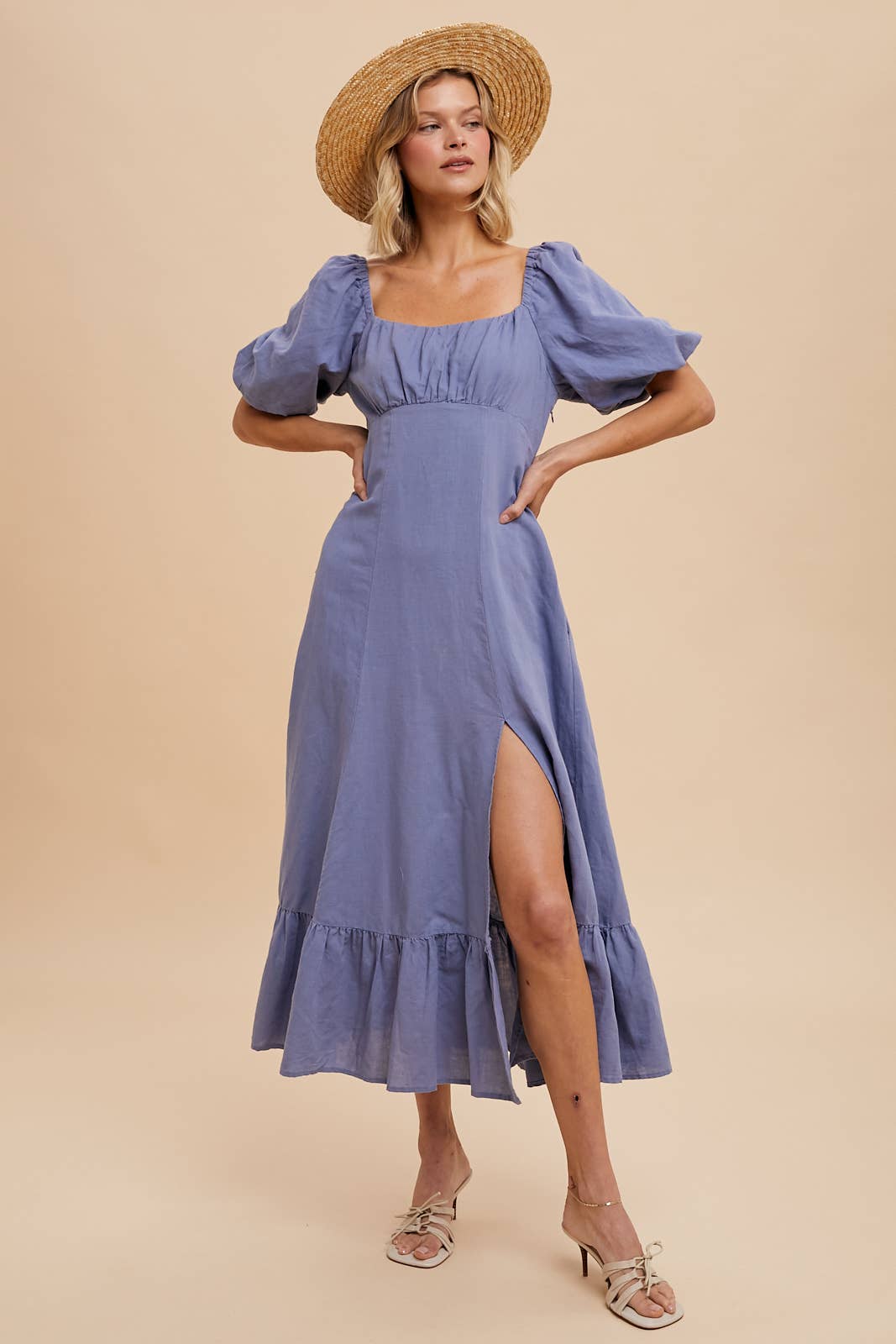 LINEN FIT AND FLARE EMPIRE DRESS: OFF-WHITE / ILD5689
