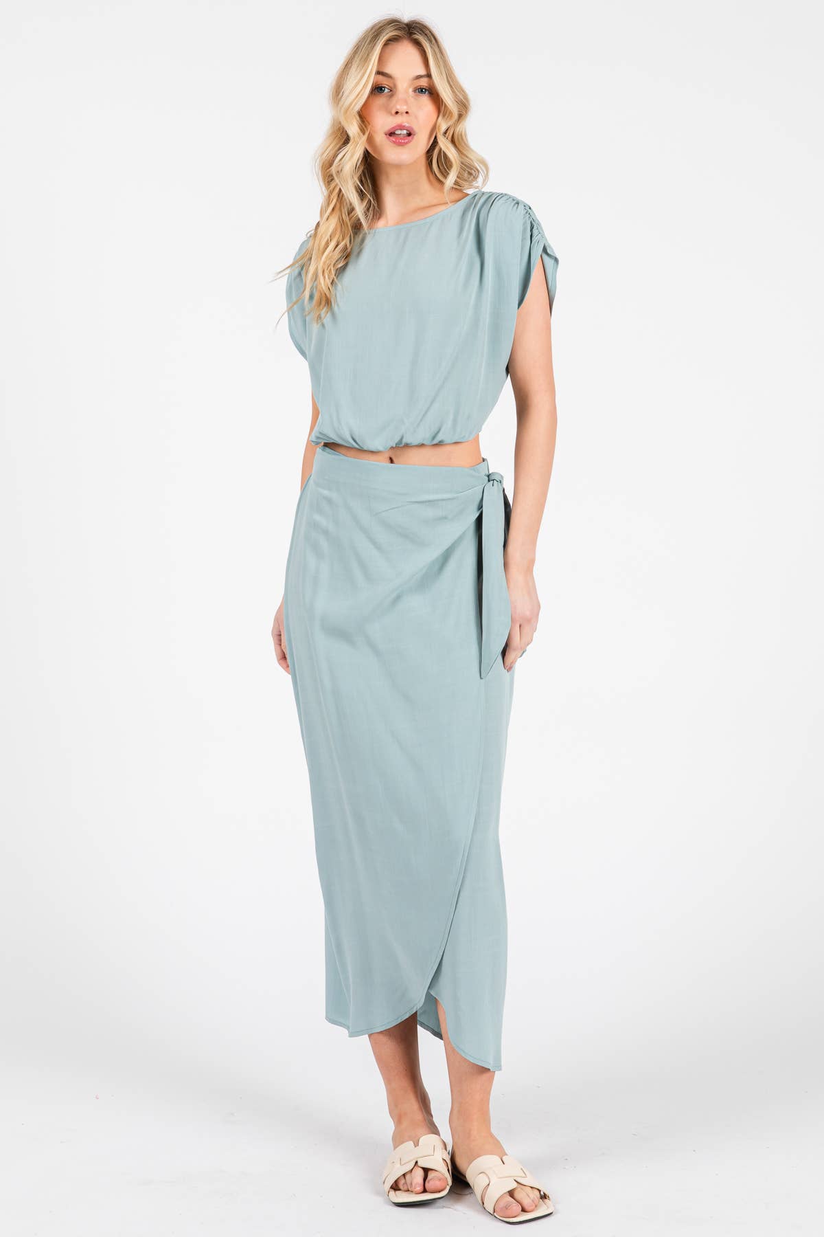Wrap Midi Skirt With Side Tie - NS80148A: Sage Green