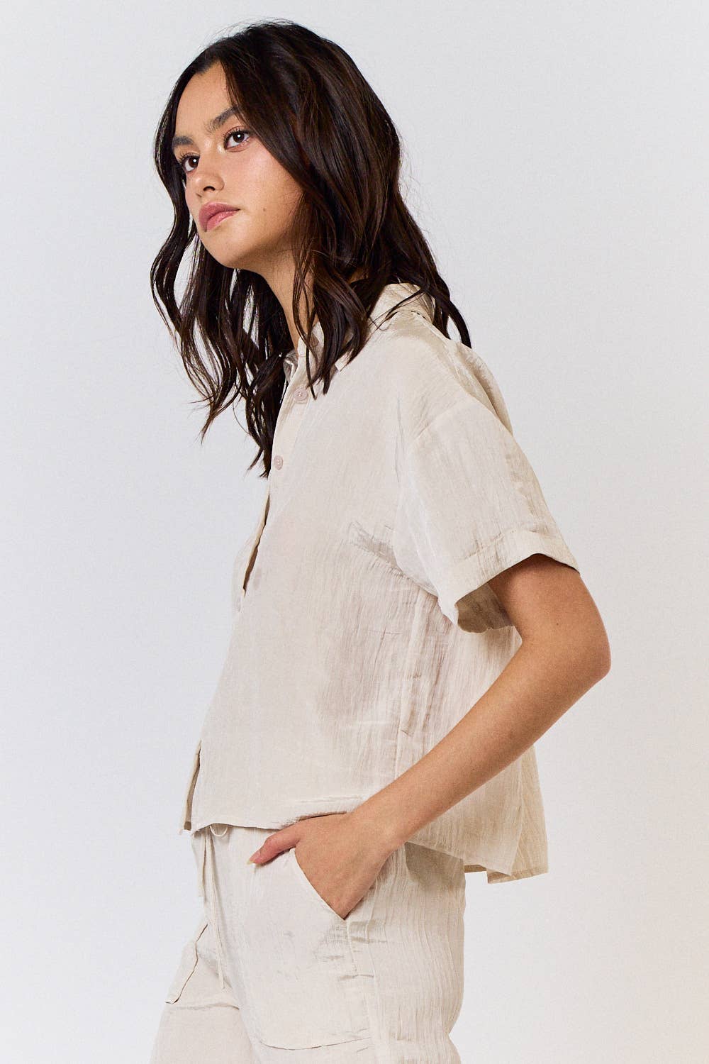 ILT3645 ROLL UP SLEEVE BUTTON UP SHIRTS: CREAM