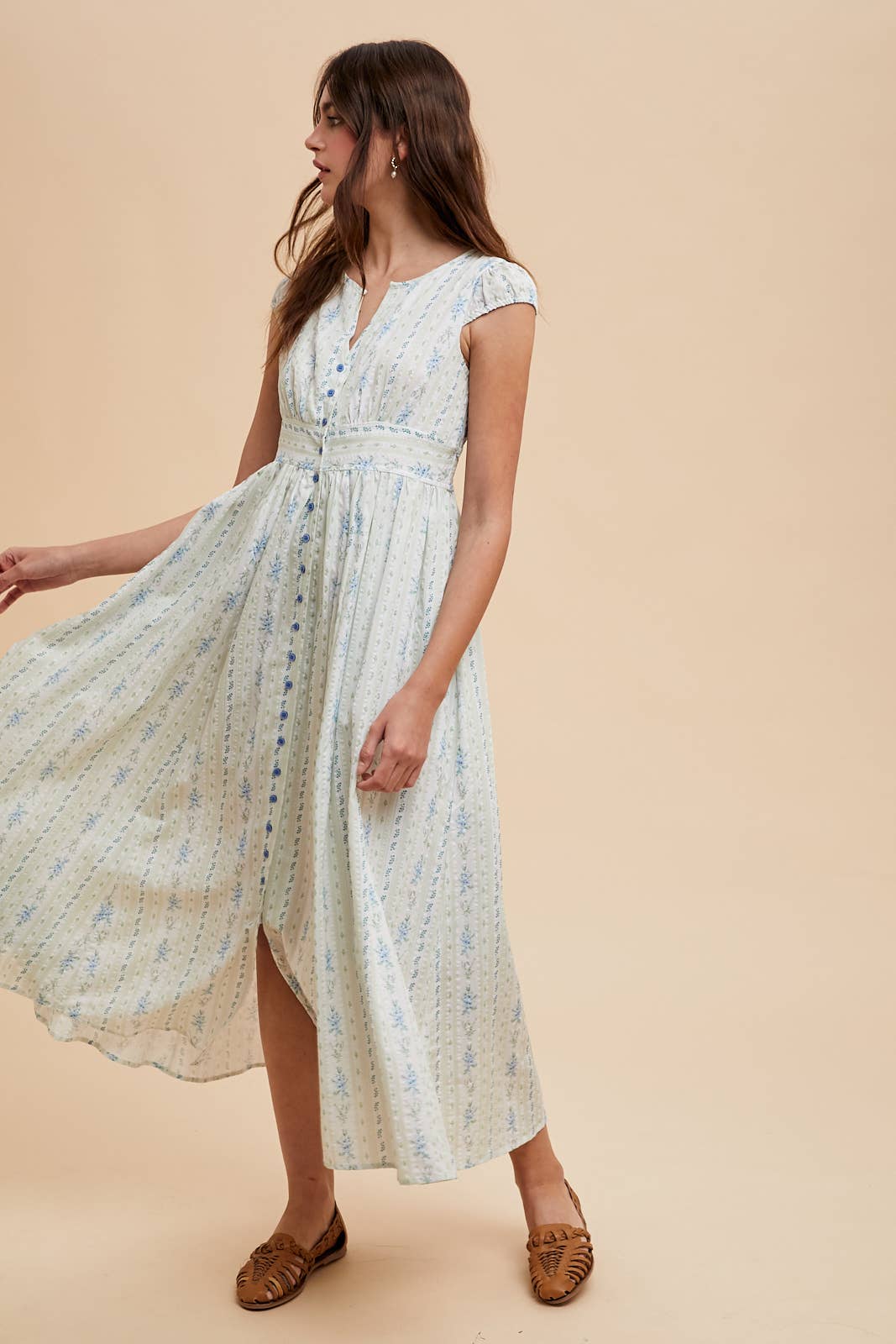 COTTON FLORAL BUTTON DOWN MAXI DRESS: FRENCH BLUE / ILD6332