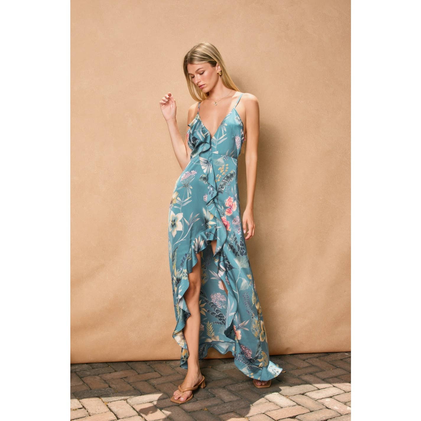 Palm Sky Asymmetrical Ruffle Maxi Dress: AMAZON BLUE / S-M-L(2-2-2)