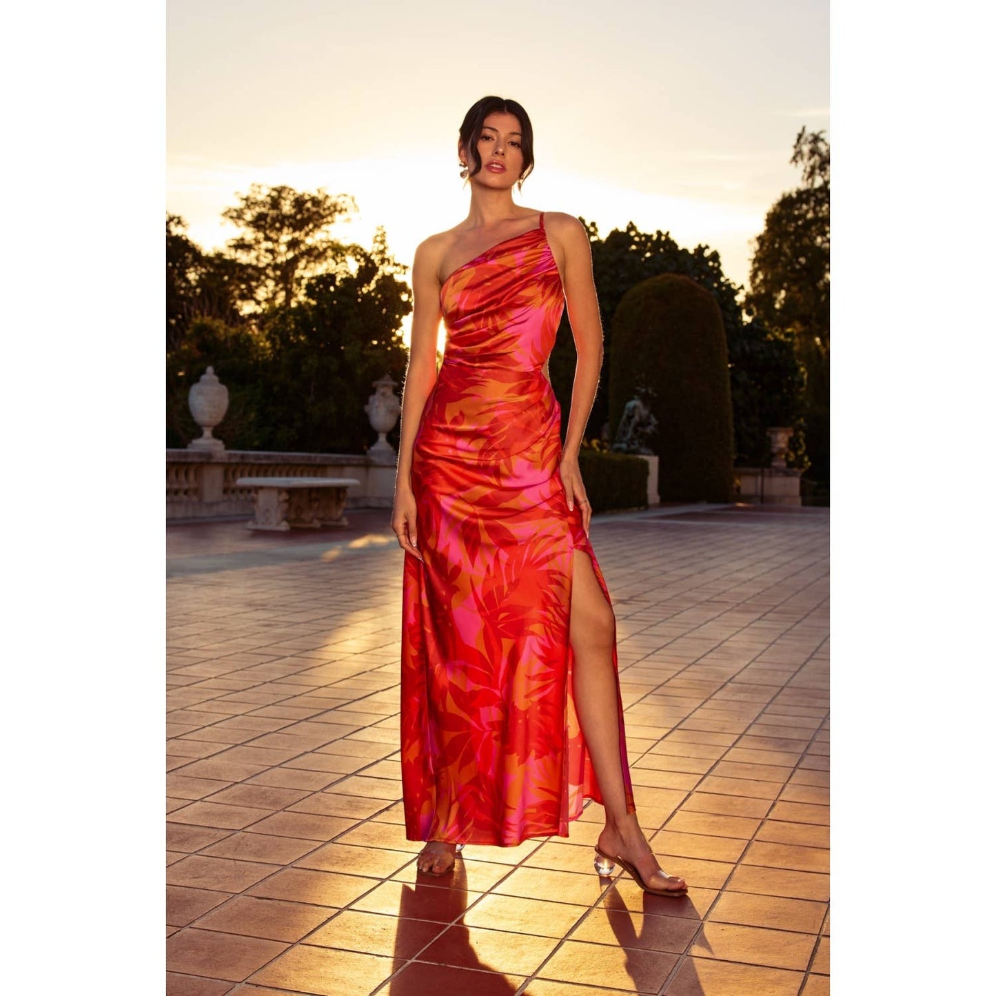 Sunset Lover One Shoulder Ruched Maxi Dress: FLAME SCARLET / FD12686-P1931_1