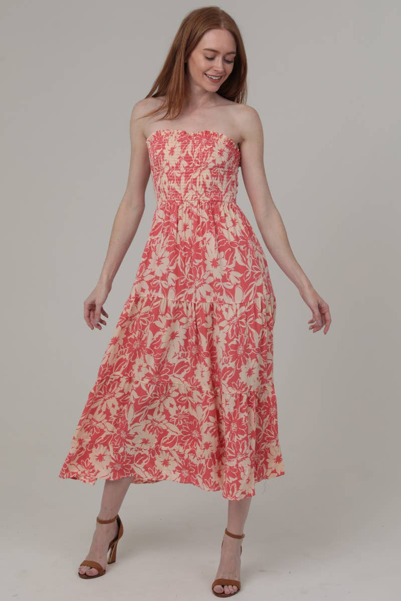 C4E68-FR34 SMOCKED BUST STRAPLESS FLORAL PRINT MIDI DRESS