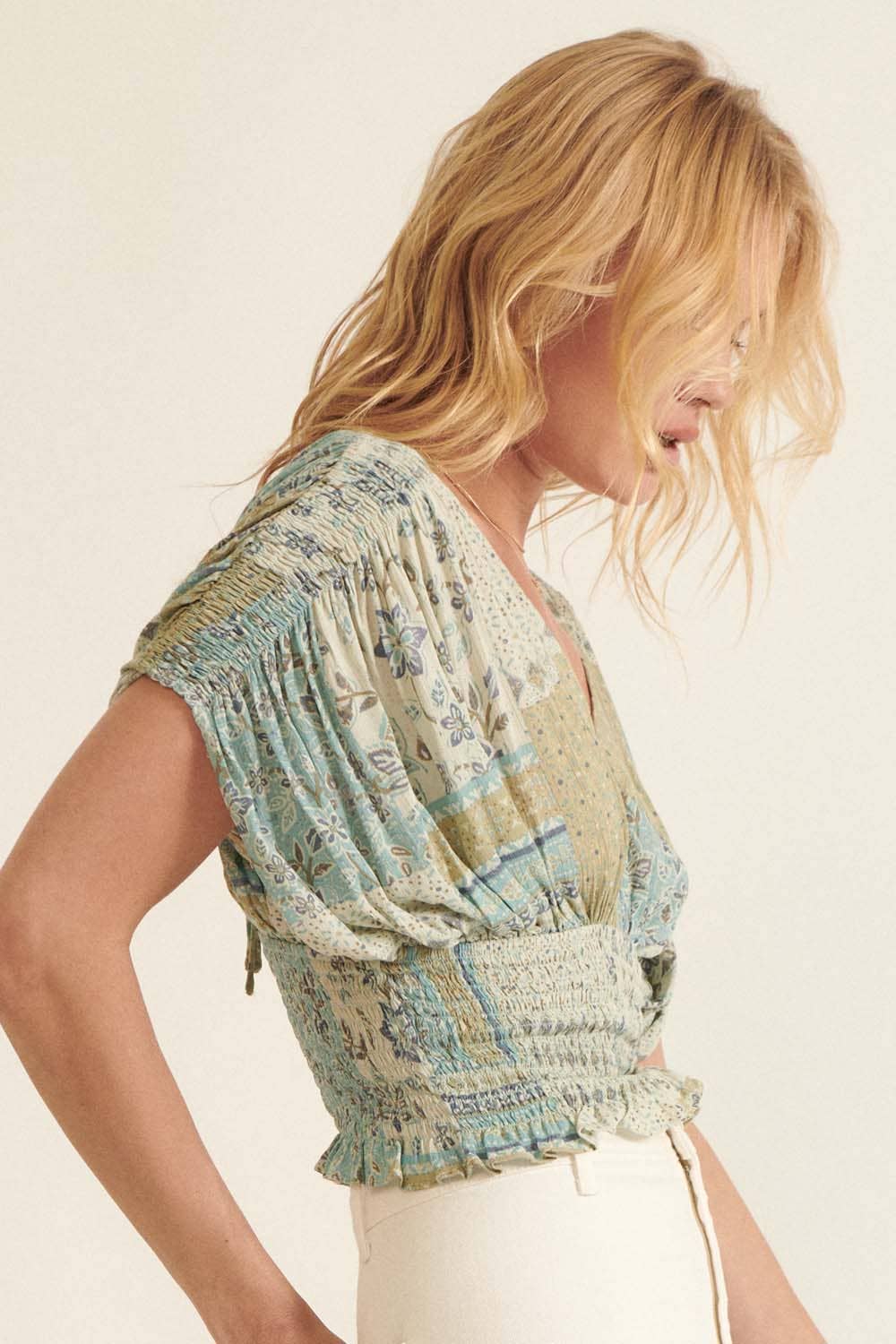Floral-Patchwork Kimono Sleeve Smock Waist Top: Seagrass
