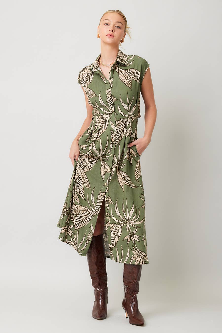 Printed Linen Cut Out Back Midi Dress : OLIVE / IM8755