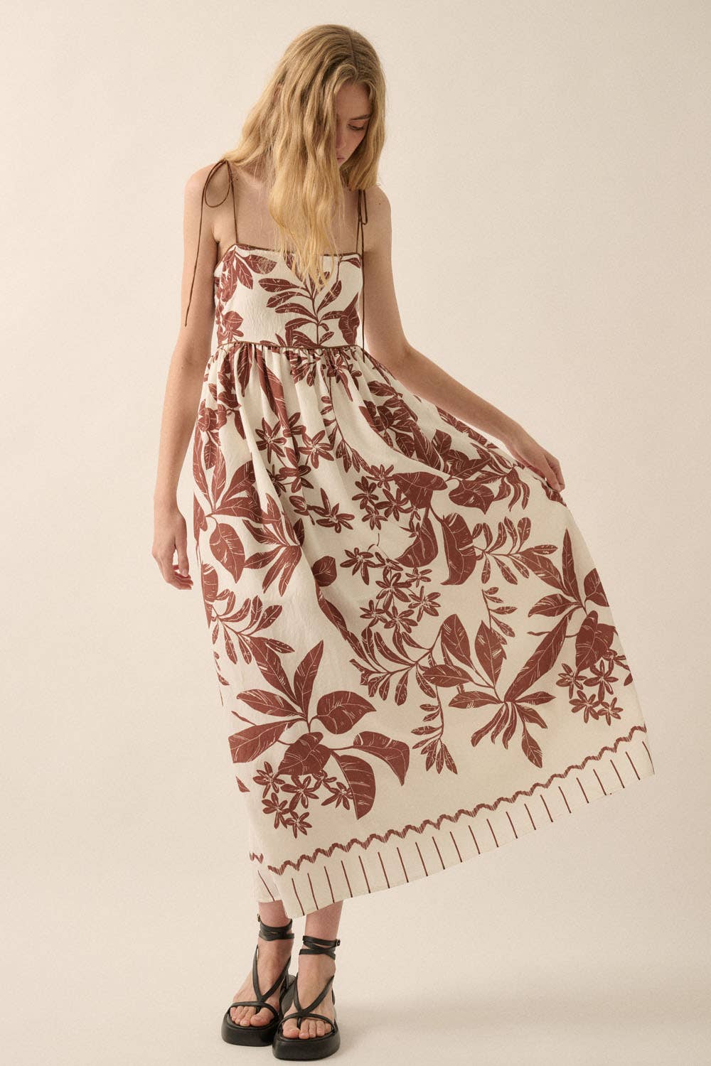 Tropical-Print High-waist Fit-and-Flare Maxi Dress: BLACK / YDC1828C