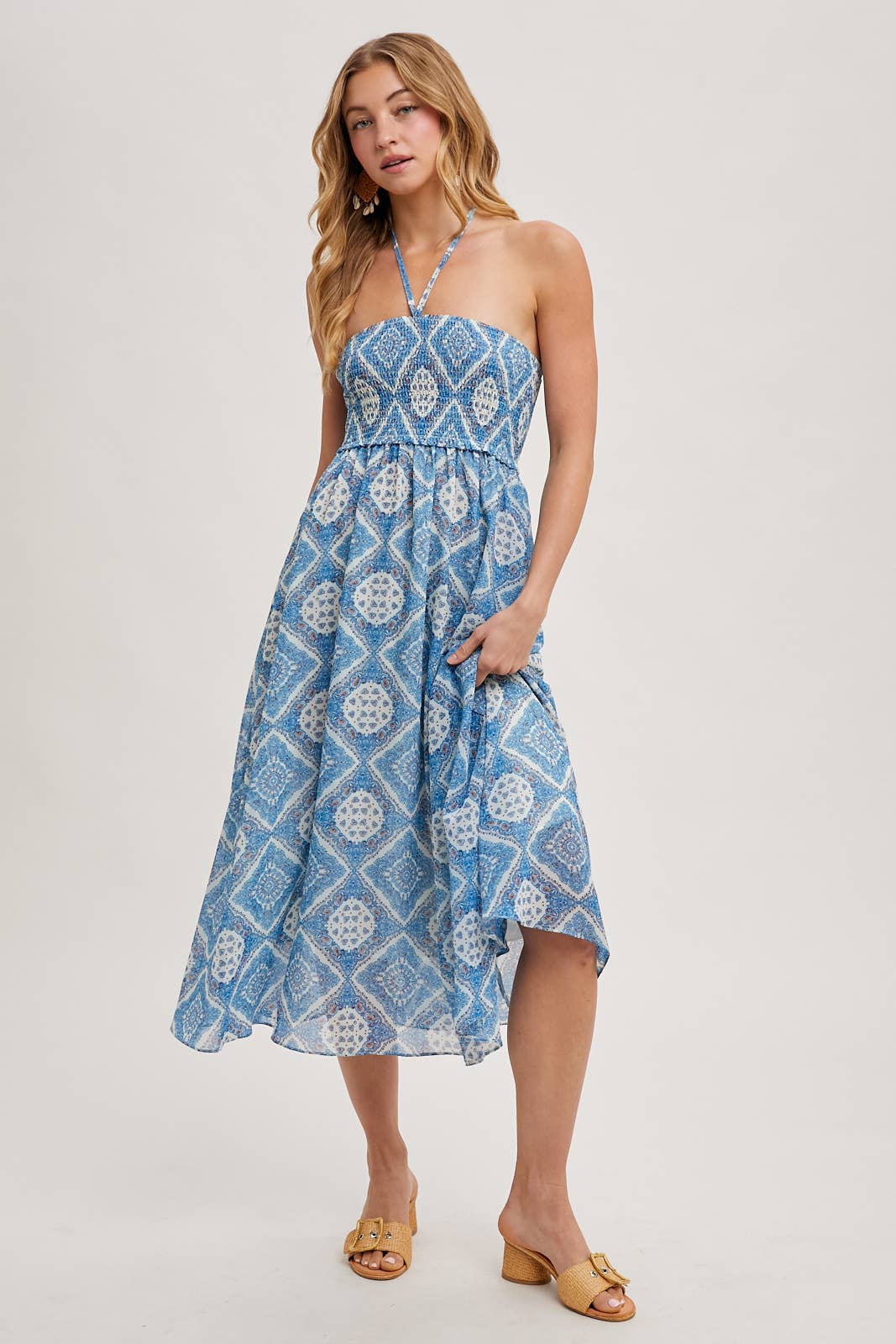 GEO PRINT SMOCKED HALTER DRESS: Green D02355