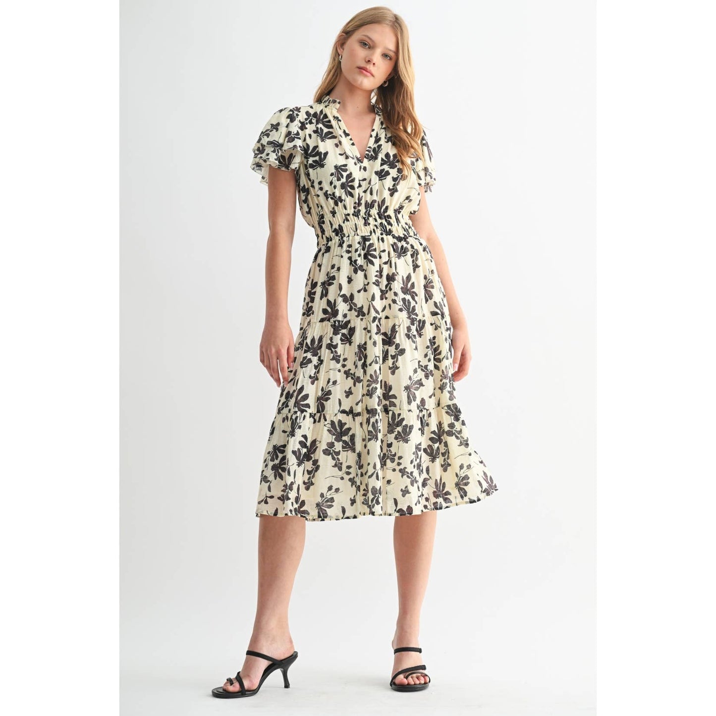 FLOWER PRINT RUFFLE SLEEVE MIDI DRESS: Ivory / FD68025