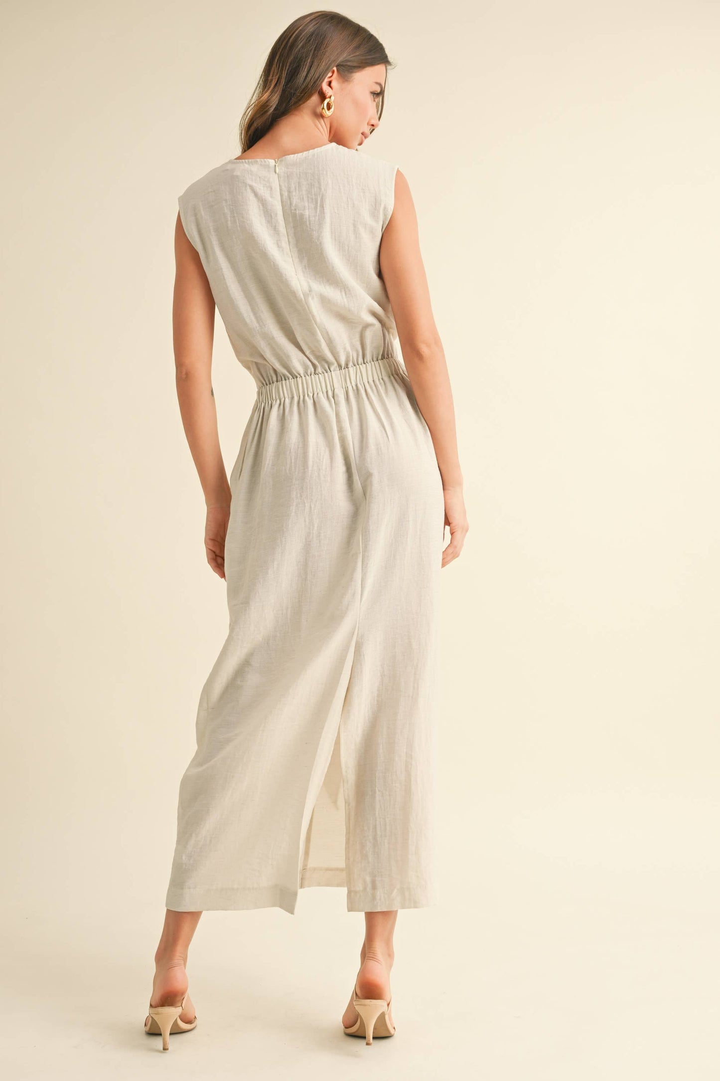 ID8855 MIDI DRESS WITH TIED FRONT DETAIL: NATURAL