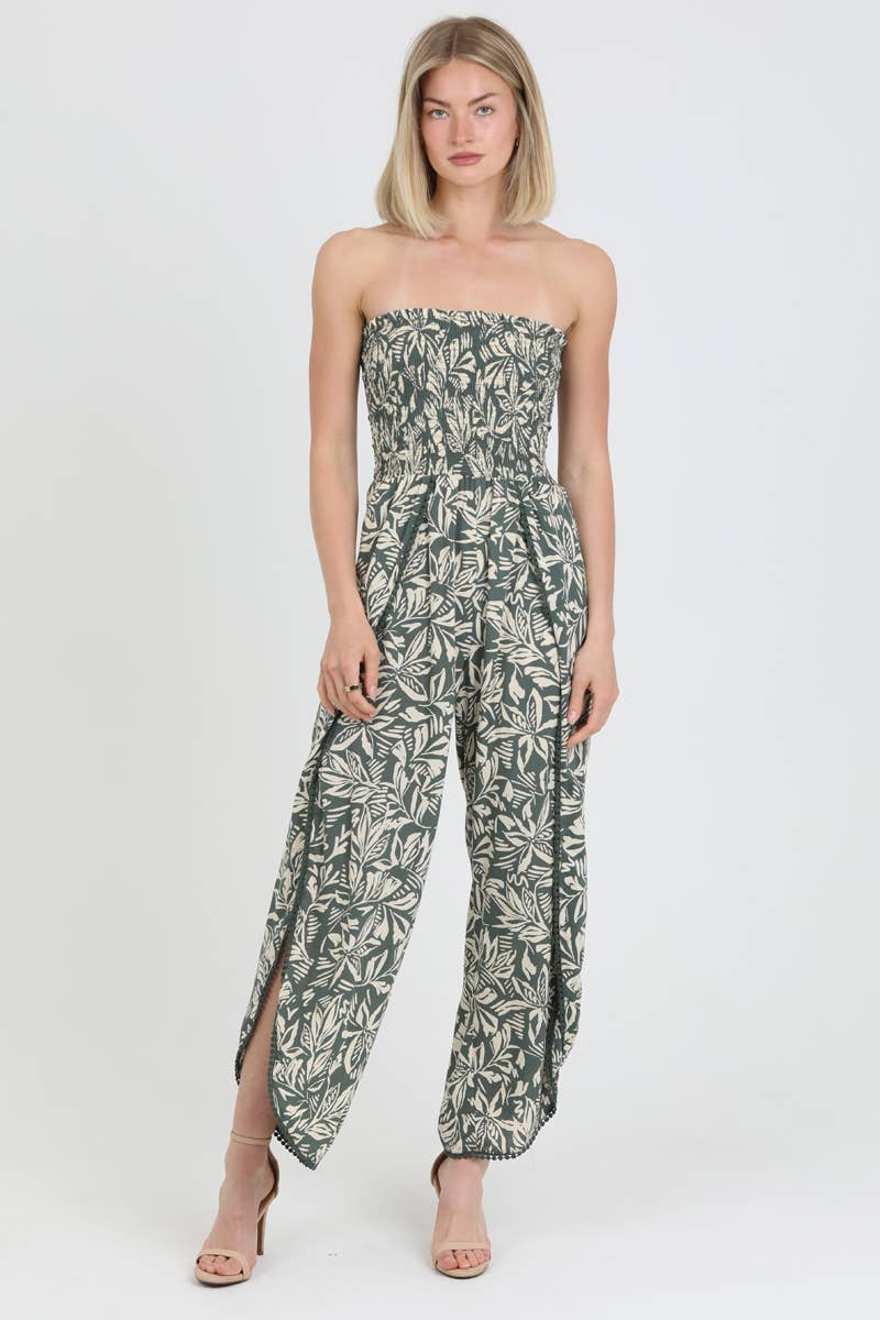 B5959-A876 SMOCKED BODICE STRAPLESS WRAP LEG JUMPSUIT
