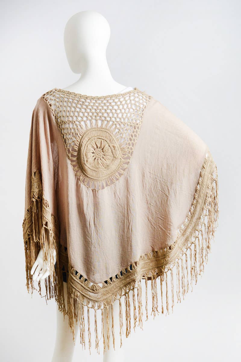 Bohemian Fringe Tassel Kimono with Crochet Medallion 🌿: Ivory