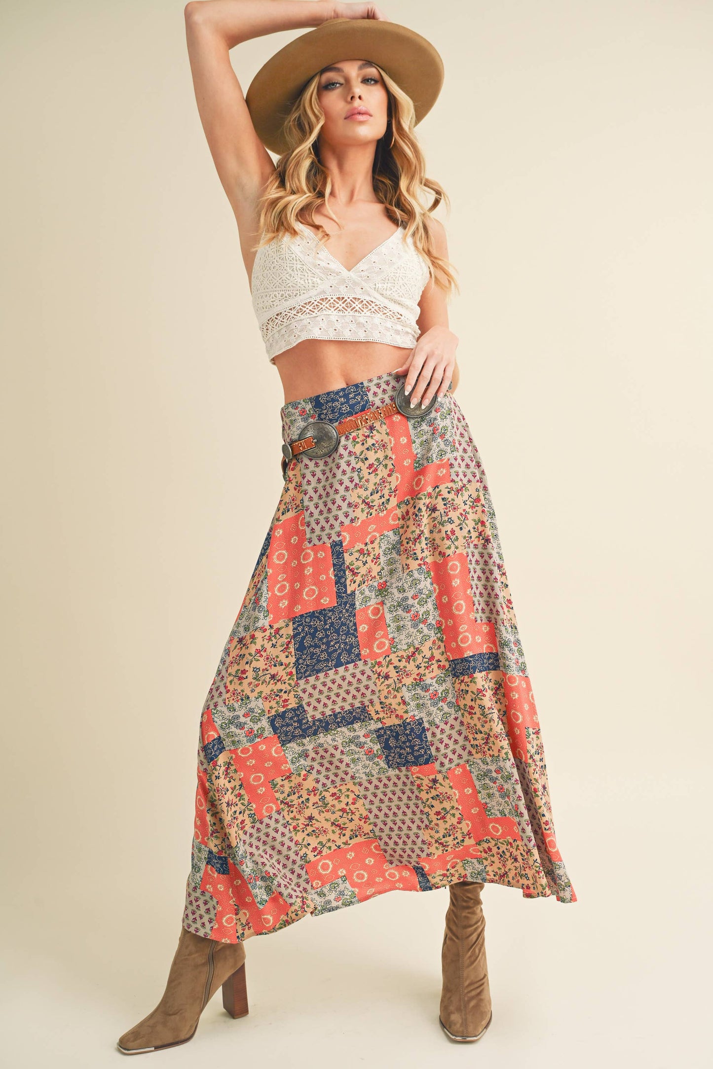 773DN-C6 Bradyn Patchwork Print Skirt / Mint/Pink