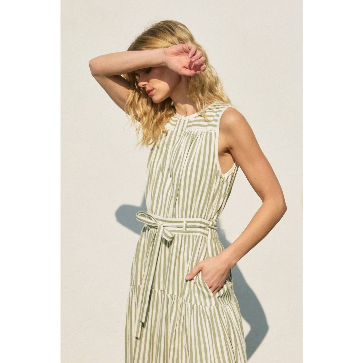 Striped Split Neck Lace Inset Maxi Dress: SAGE CREAM / FD12683-CP508