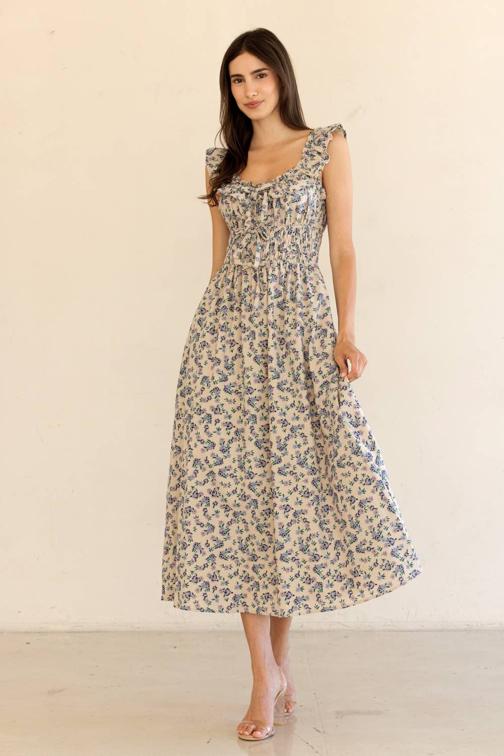 JD9158-RUFFLED SHOULDER MIDI DRESS: BEIGE