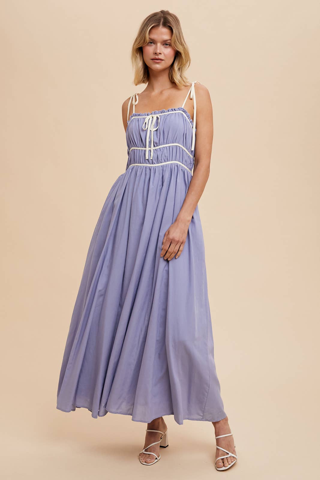 COTTON BLEND CONTRAST TRIM MAXI DRESS: BUTTERCREAM / ILD5742