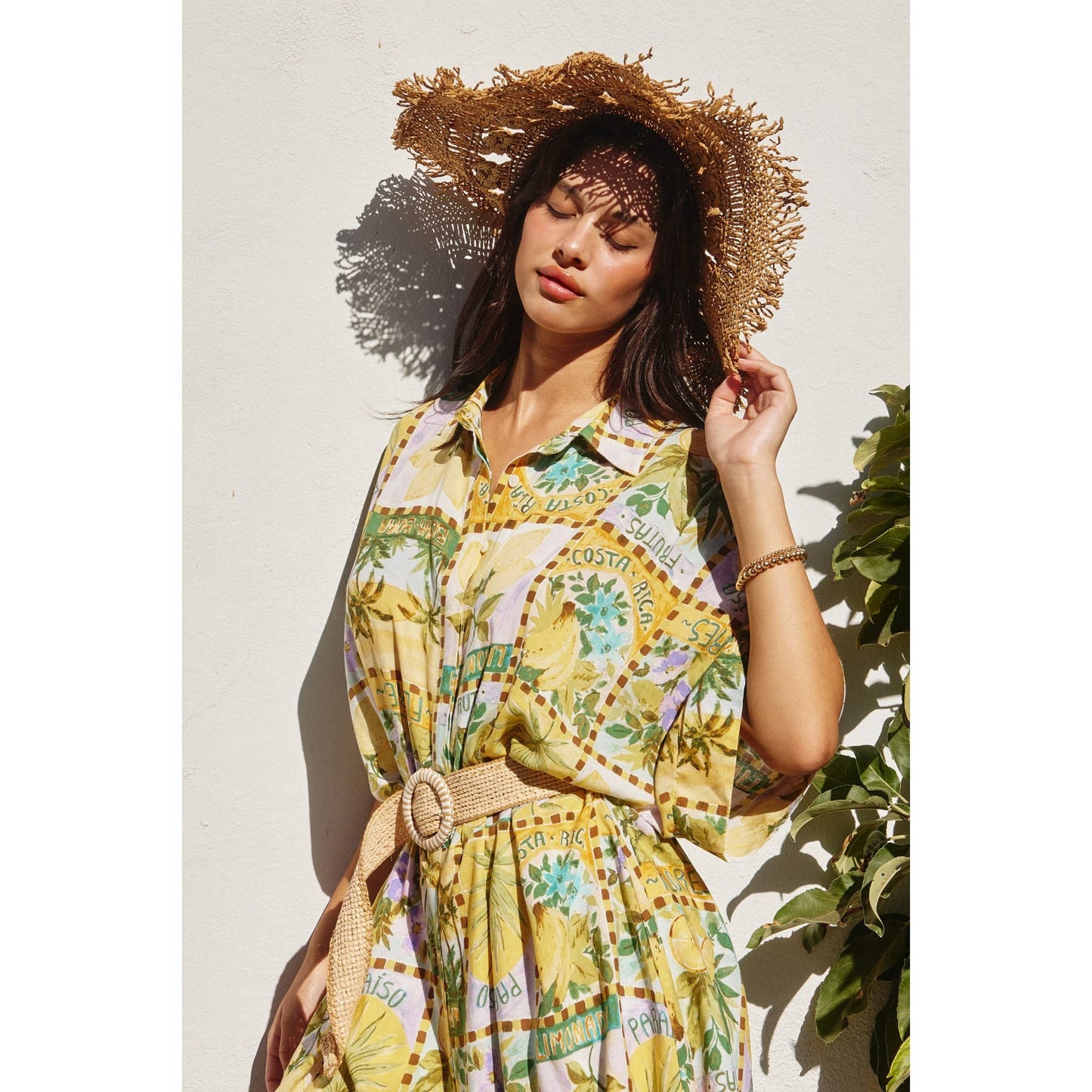 Isla Palma Button Up Rattan Belt Romper: TROPICAL SUN / FR10843-P1978