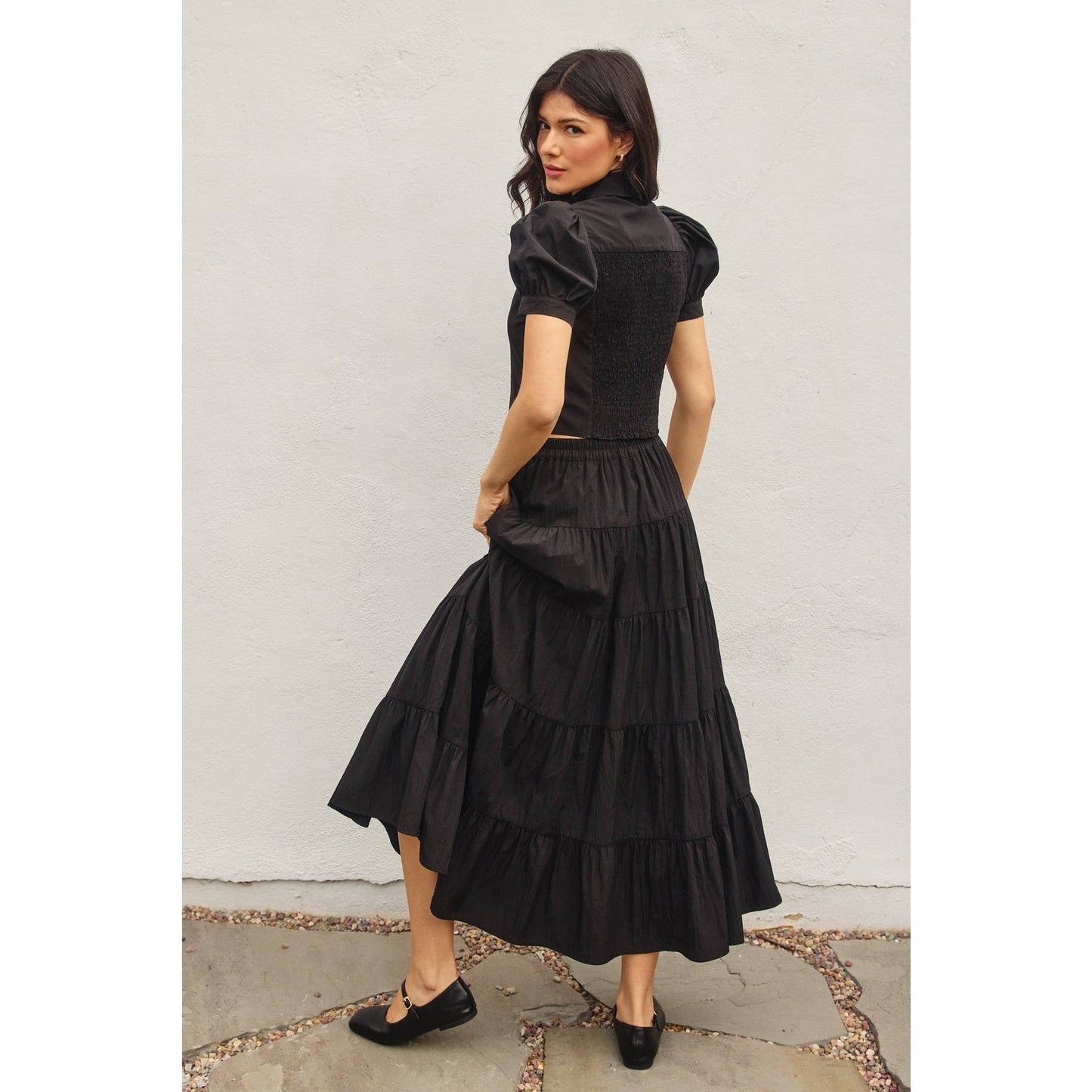 Polka Bow Tie Tiered Skirt: BLACK / FS12417-CP444