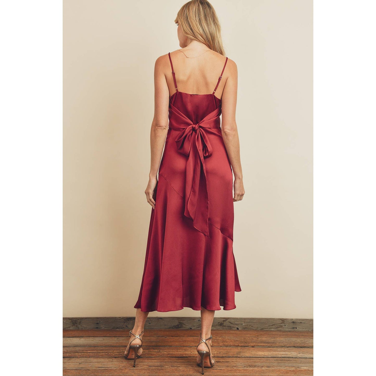 Satin Tie-Back Slit Midi Dress: SANGRIA / FD4571_1