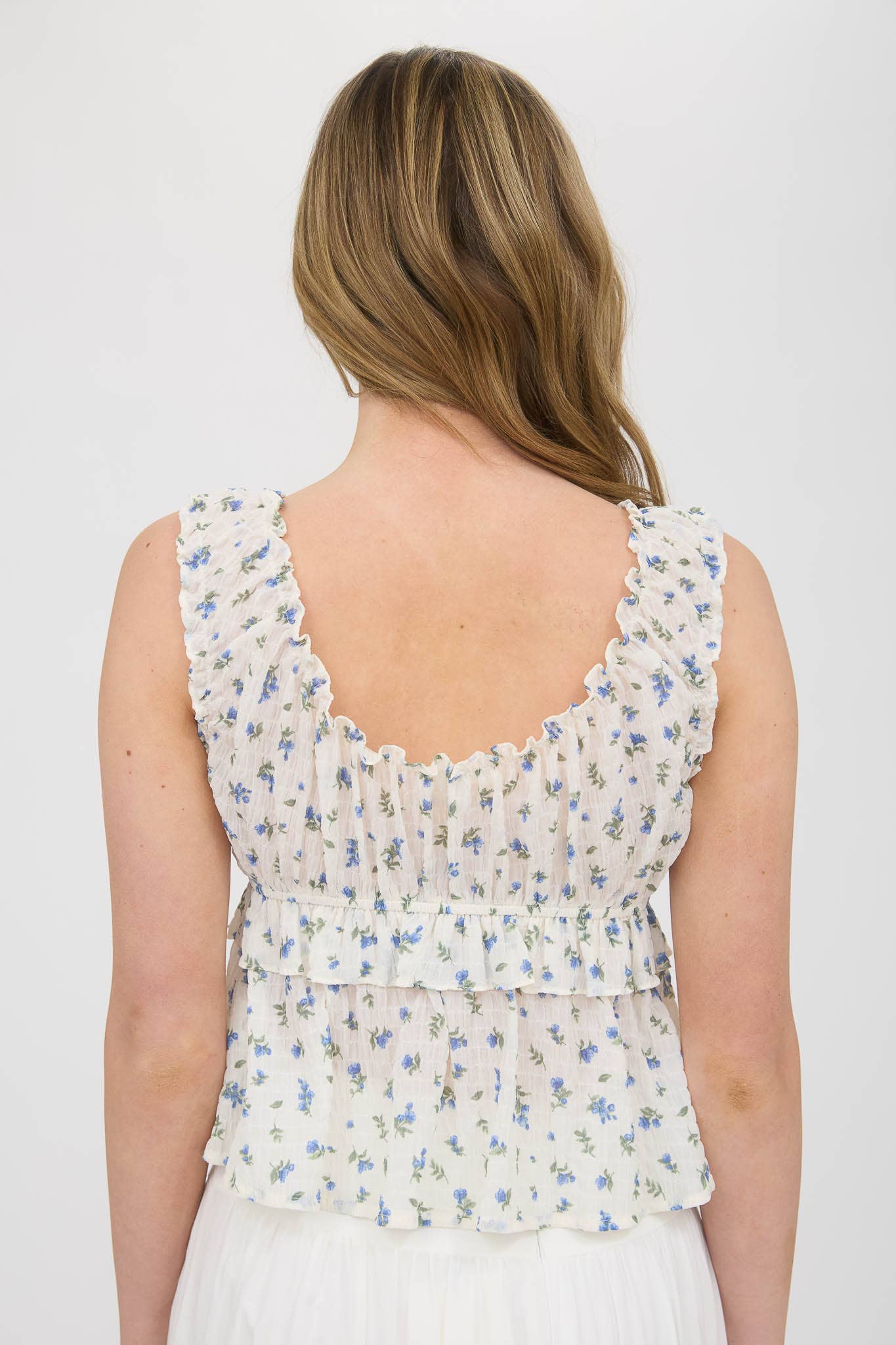 FLORAL PRINT LETTUCE TRIM FRONT TIE BLOUSE: OFF WHITE TB8927