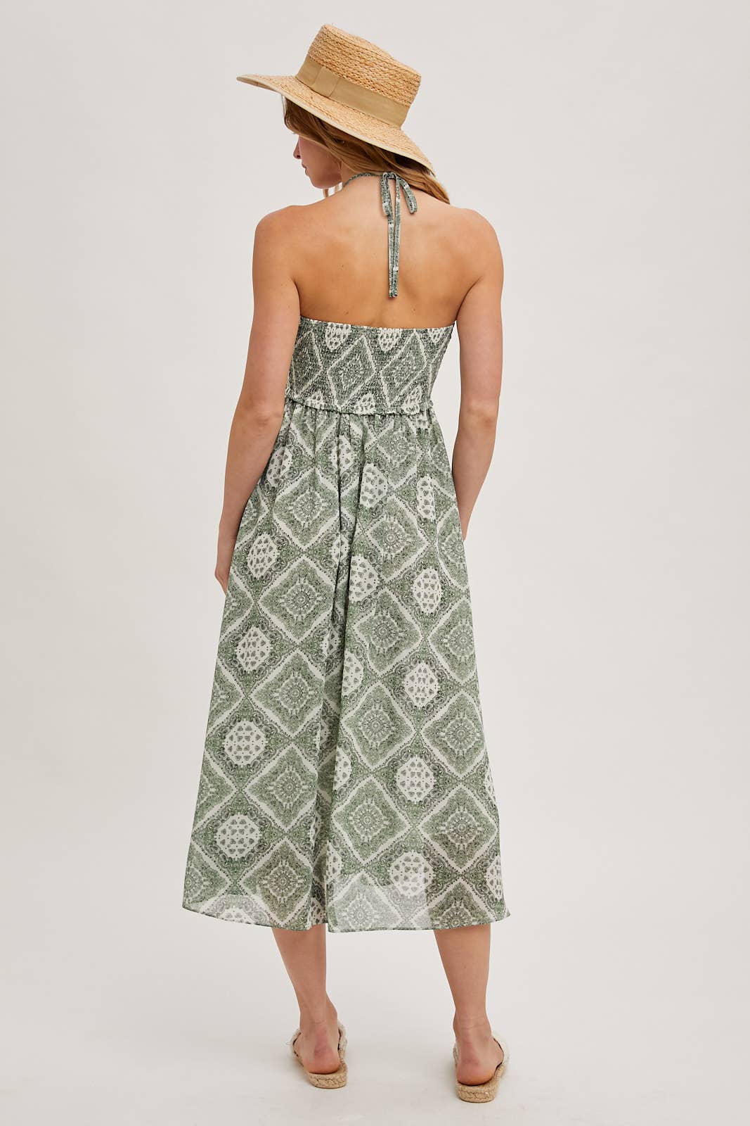 GEO PRINT SMOCKED HALTER DRESS: Green D02355