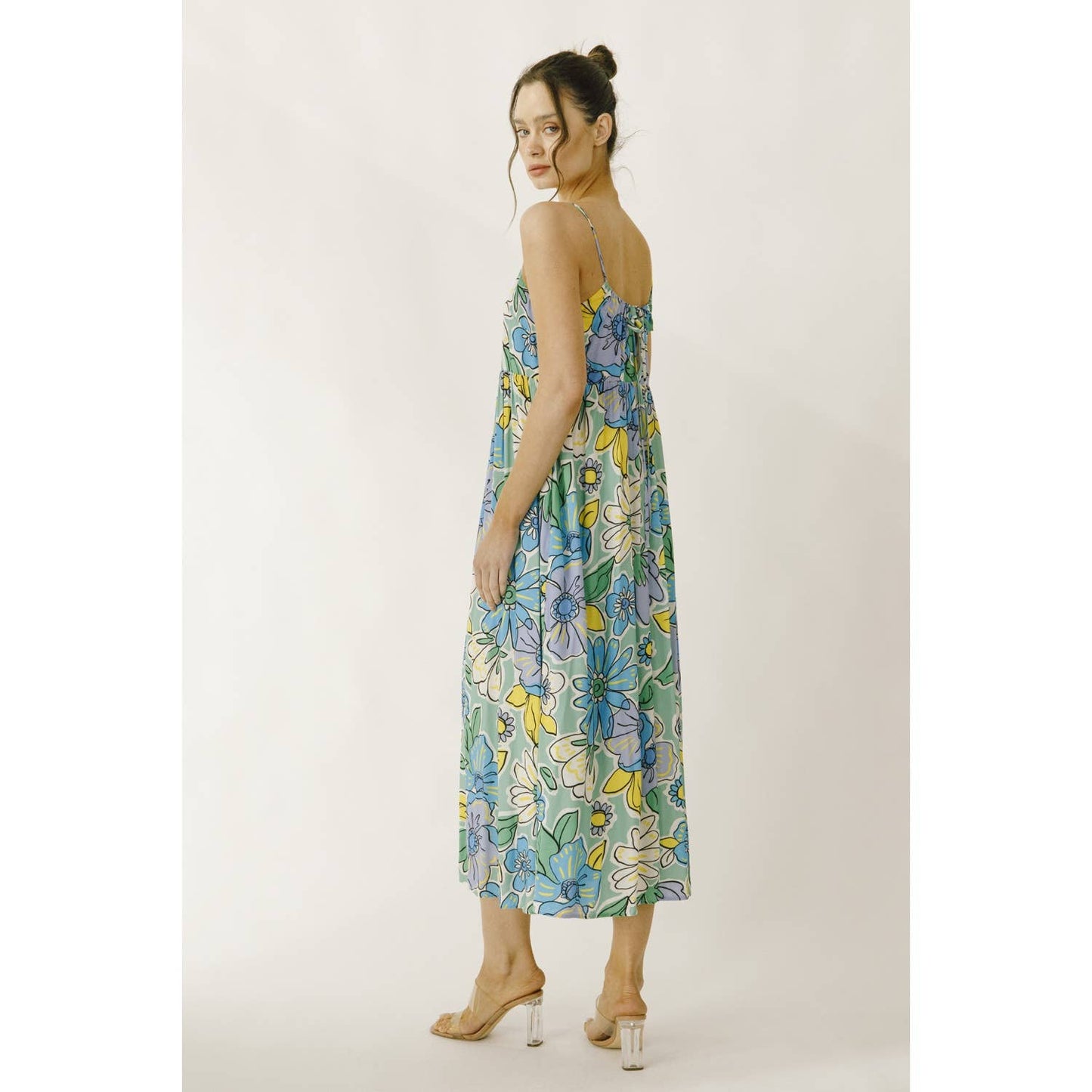 JD4711-1- LARGE BRIGHT FLORAL BABY DOLL MIDI DRESS: GREEN