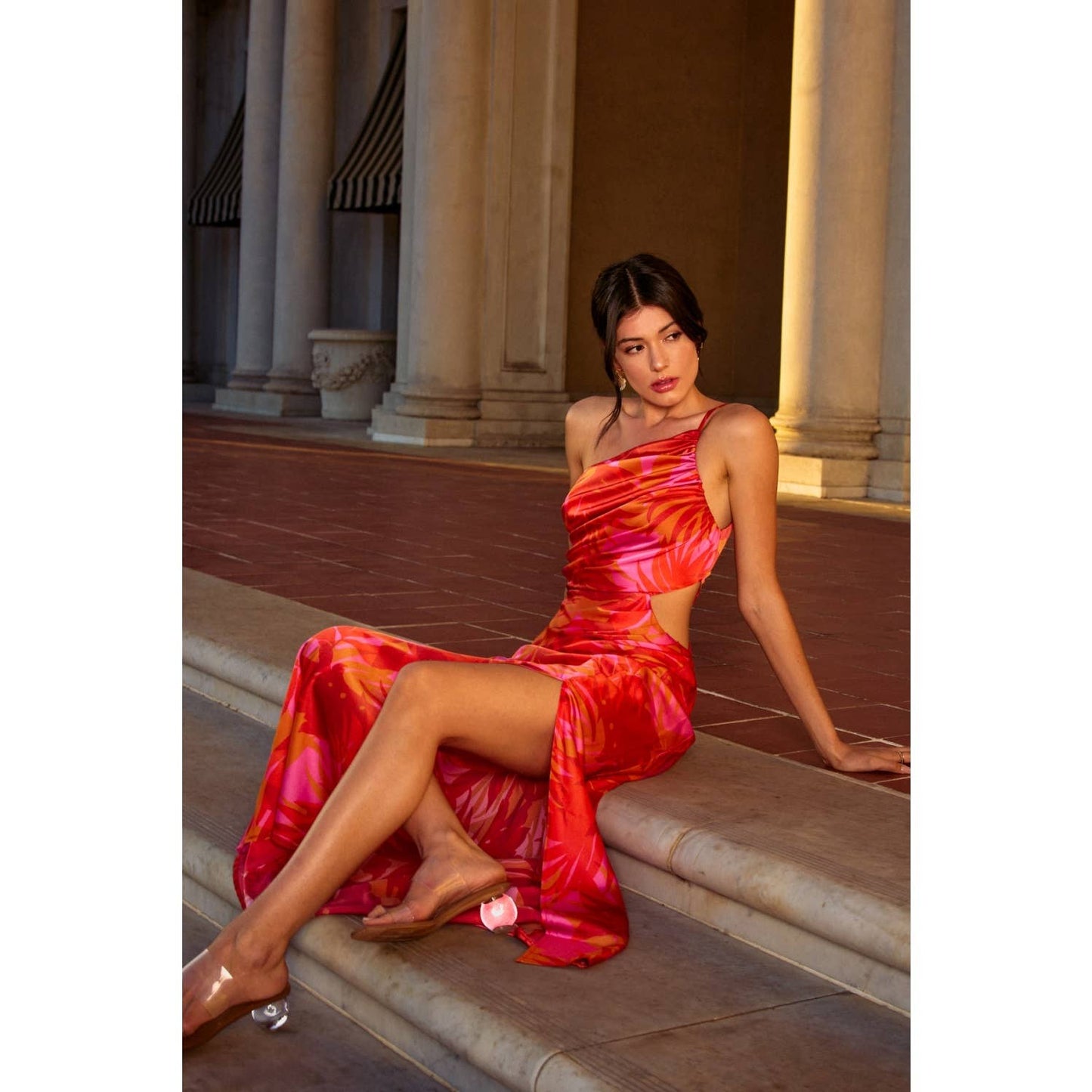 Sunset Lover One Shoulder Ruched Maxi Dress: FLAME SCARLET / FD12686-P1931_1