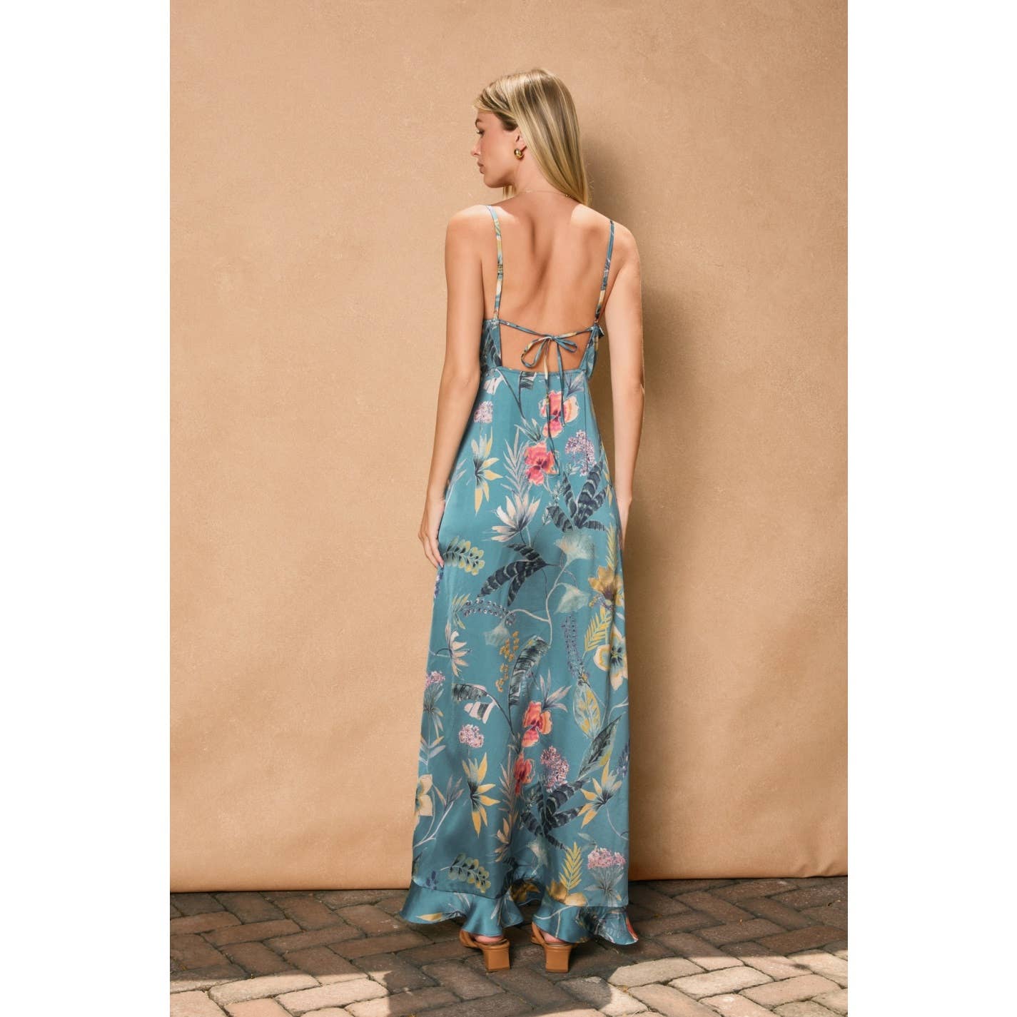 Palm Sky Asymmetrical Ruffle Maxi Dress: AMAZON BLUE / S-M-L(2-2-2)