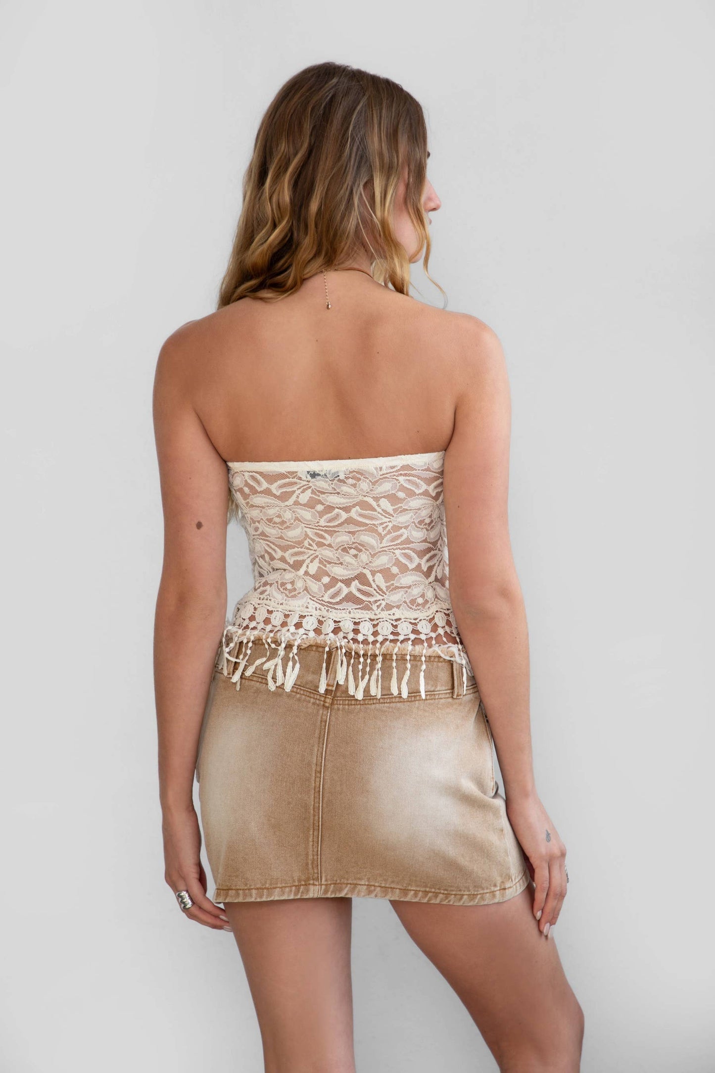 WILDER Floral Lace Mesh Fringe Strapless Bandeau Top: Cream / TC30754-WILDER-CREAM