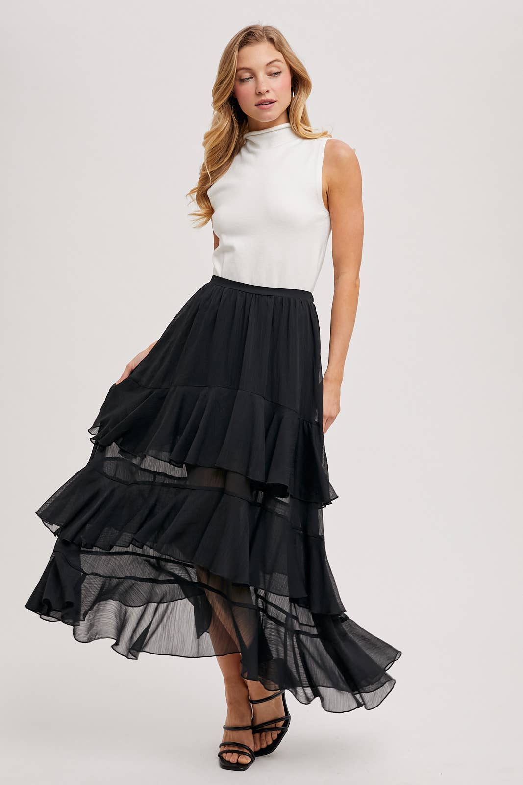 TIERED RUFFLE MAXI SKIRT WITH LINING: Black B02722