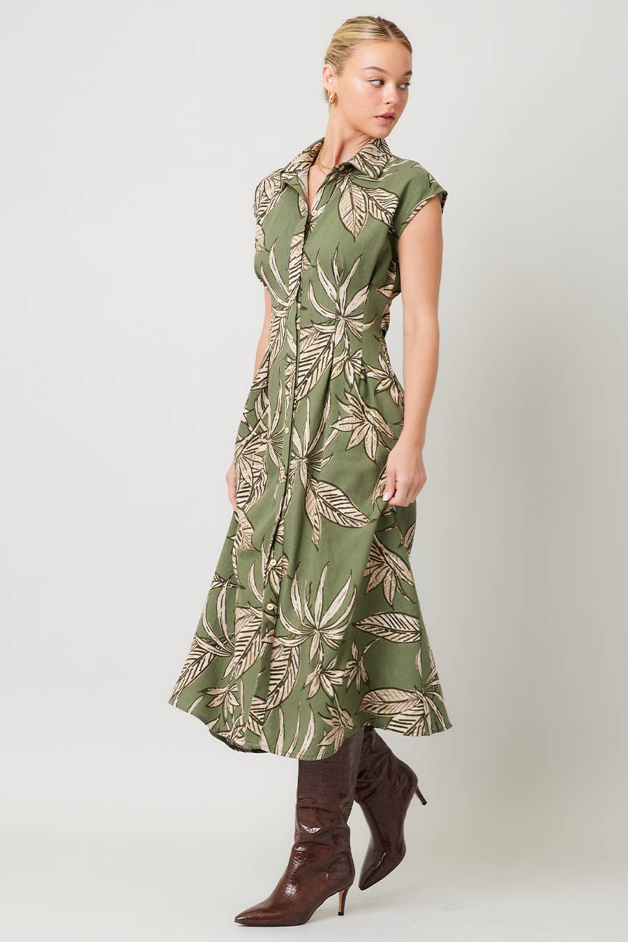 Printed Linen Cut Out Back Midi Dress : OLIVE / IM8755