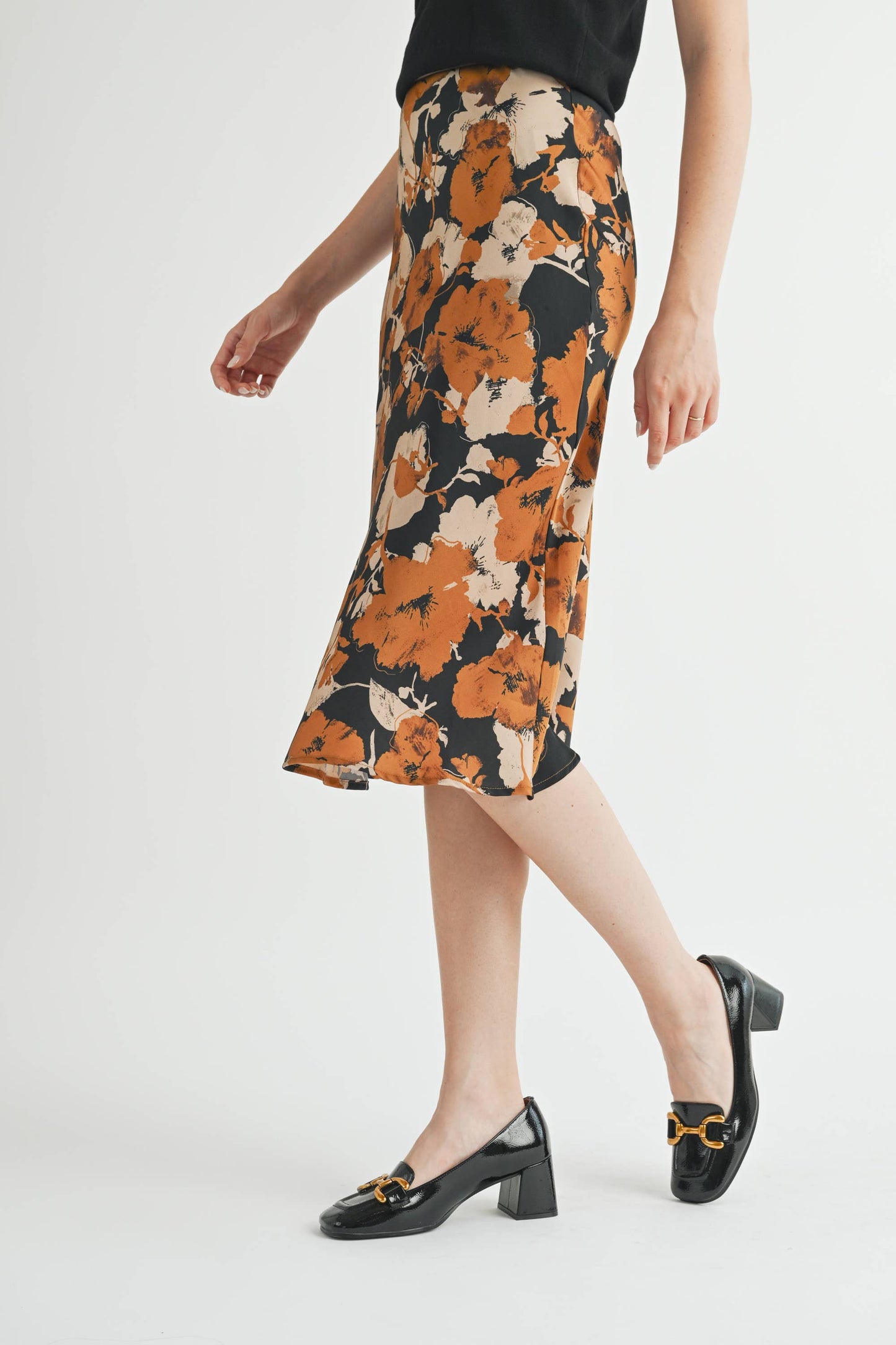 FLOWER PRINT BIAS CUT MIDI SKIRT : BLACK COMBO / FS67306