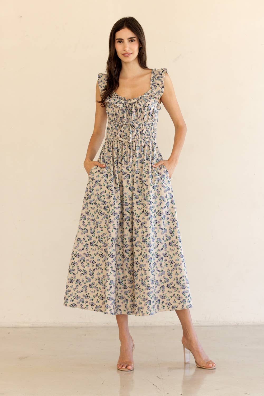 JD9158-RUFFLED SHOULDER MIDI DRESS: BEIGE