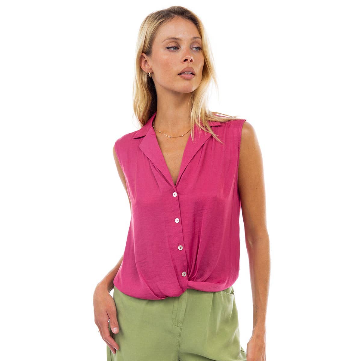 Knotted Sleeveless Collared Top: Papyrus / ET119375A-F