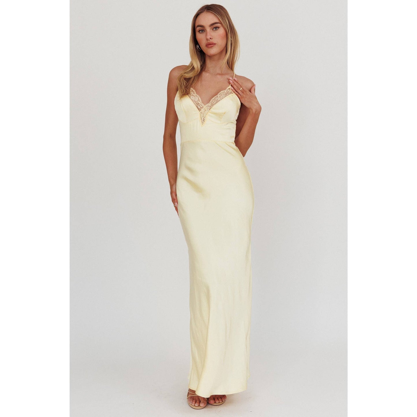 LACE SATIN TRIM MAXI DRESS: BLUE / 64498B01