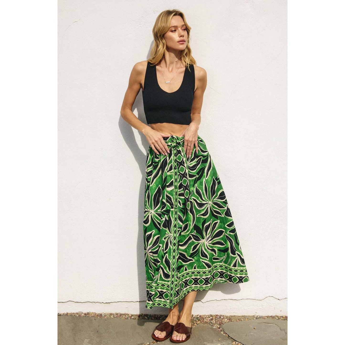 Elegant Perception Buckled Belt Button Down Skirt: BANANA PALM / FS12751-P1875