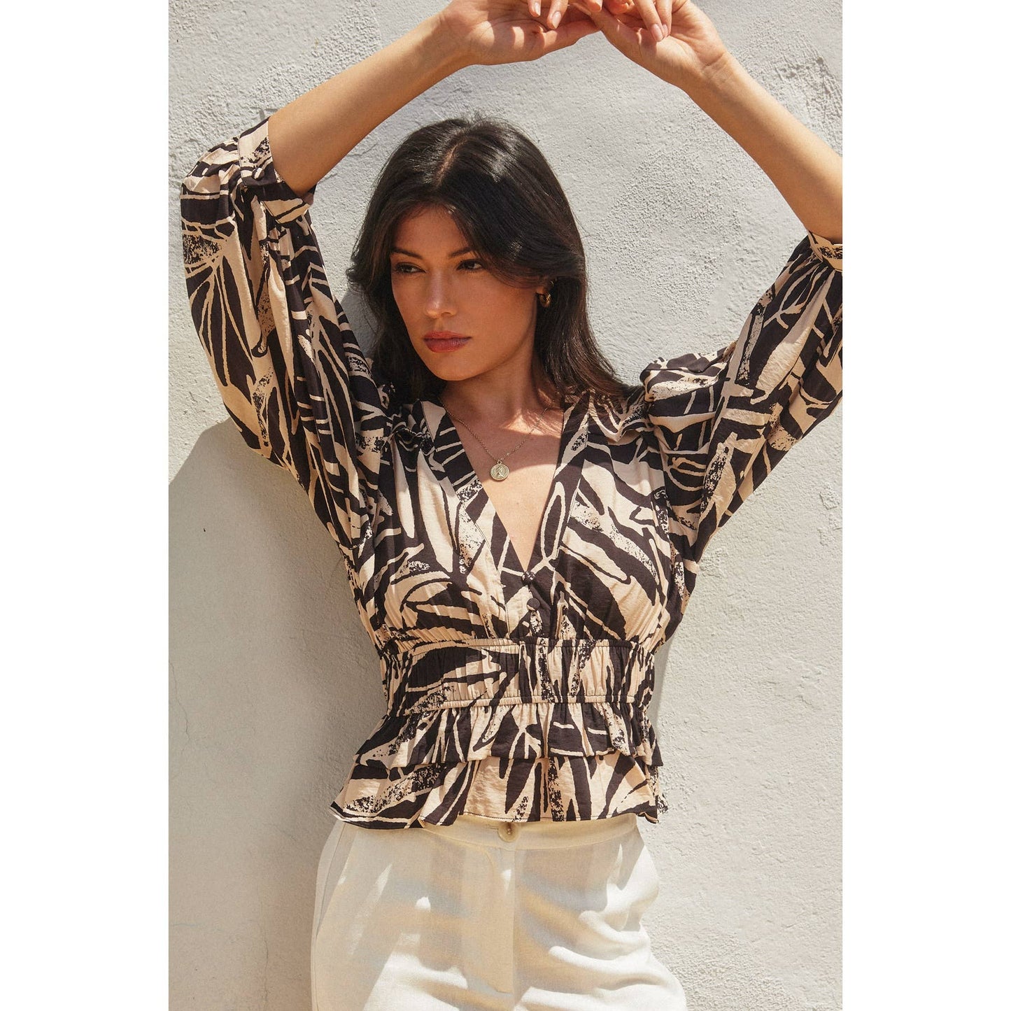 Hi Hello Cinched Waist Flared Hem Top: SHIFTING SAND / FT12174-P1858