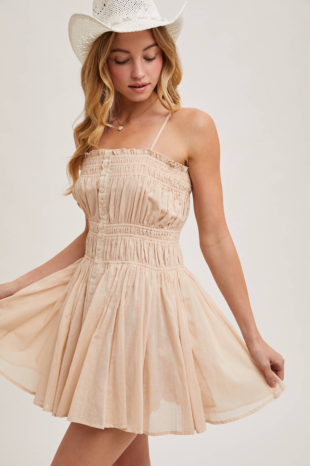 SMOCKED BUTTON DOWN SLEEVELESS MINI SLIP DRESS: PLUM / D02287