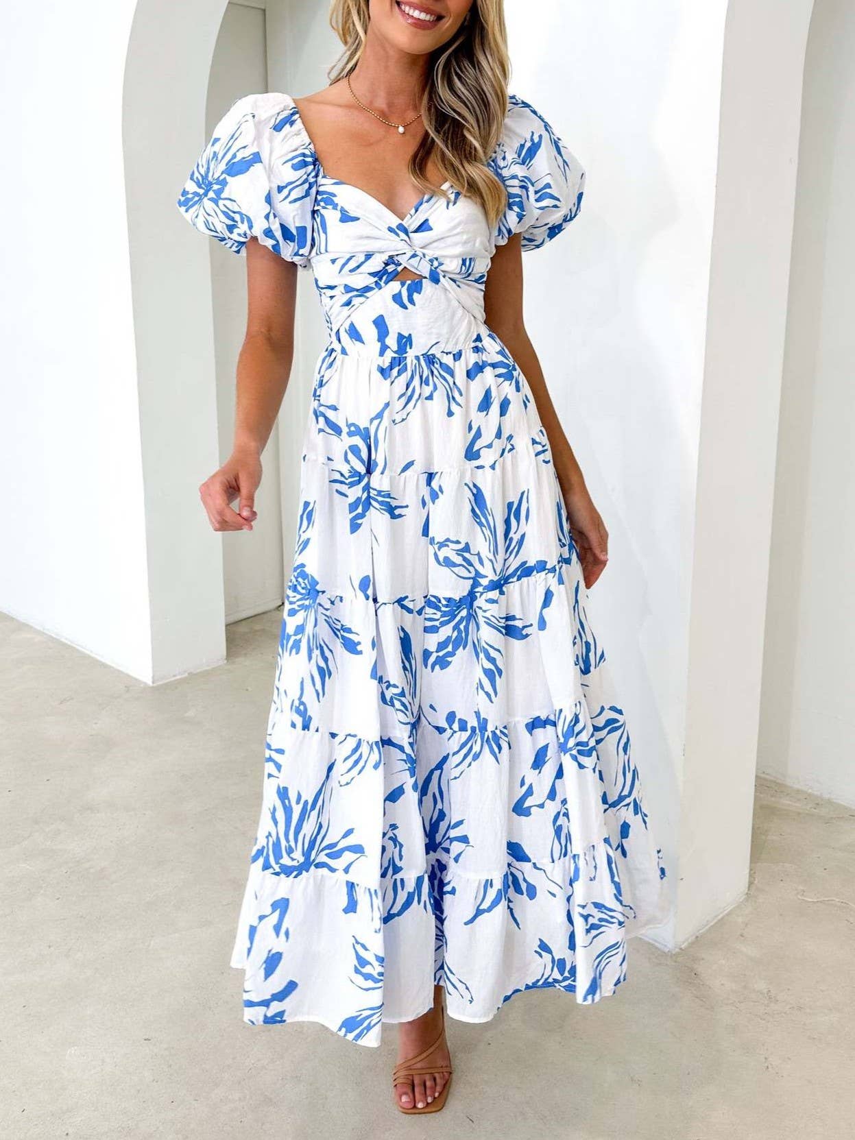 Puff off the shoulder twist floral prairie maxi dress: Yellow / RCJY00262-Yellow