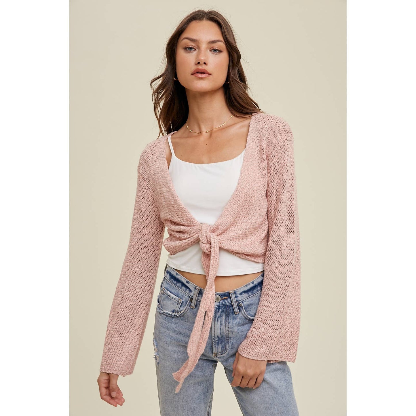 OPEN KNIT SWEATER SELF-TIE CARDIGAN / WL24-8627: TAUPE