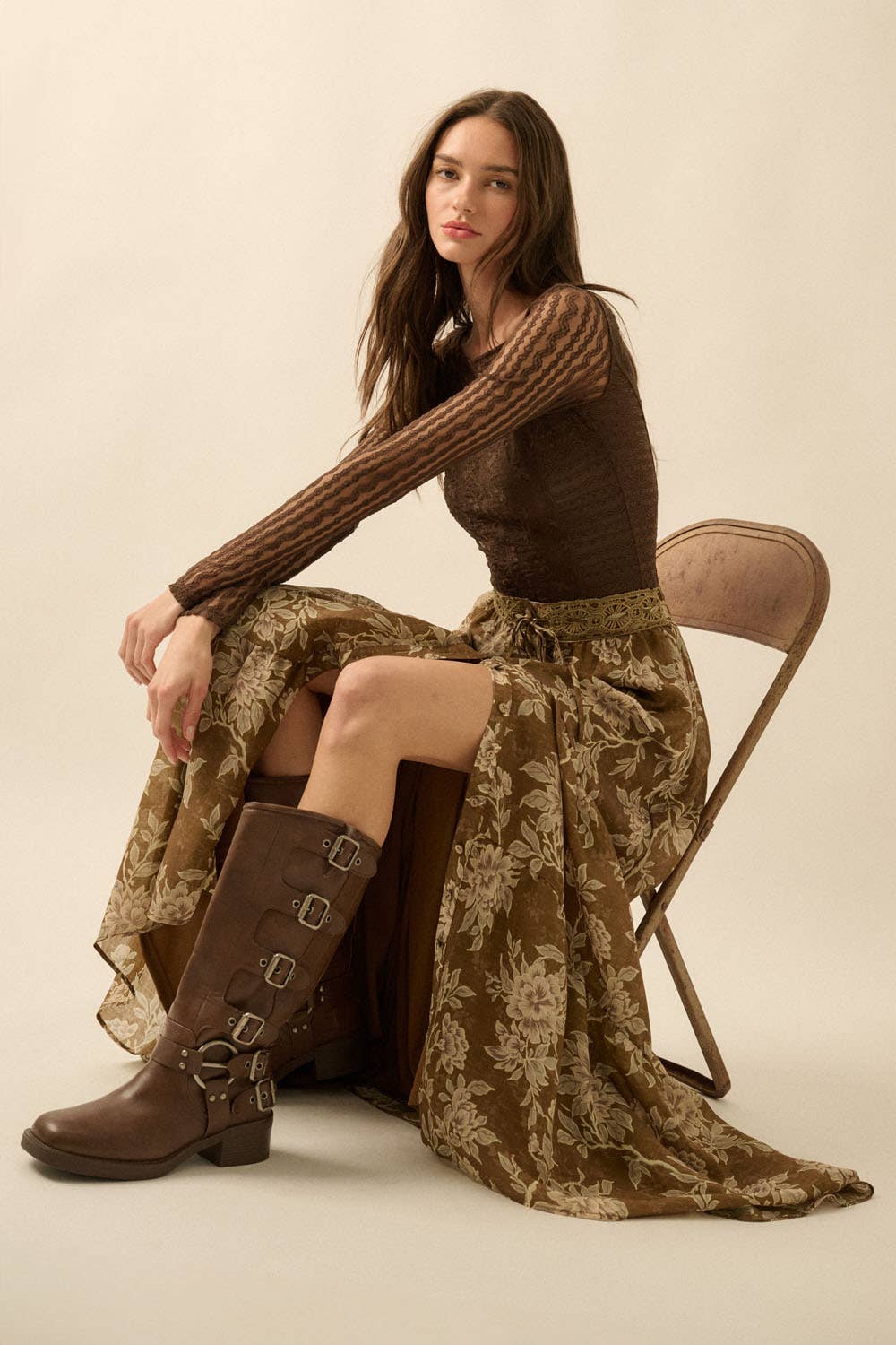 Floral Lace-Trimmed Tiered Button-Front Maxi Skirt: OLIVE BROWN / FSC0134