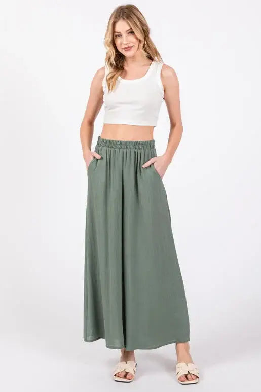 Woven Wide Leg Pull on Pants - NP16207E10: Sage Green
