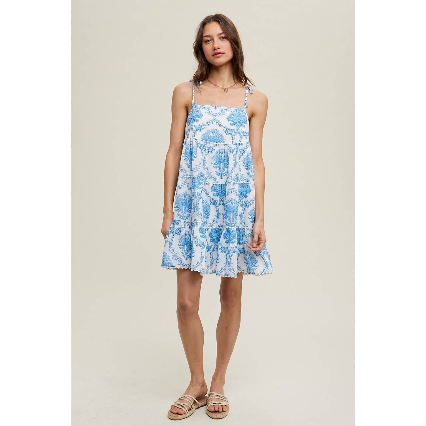 IKAT MINI DRESS WITH SELF TIE SHOULDER STRAPS / WL23-8193: IVORY/BLUE