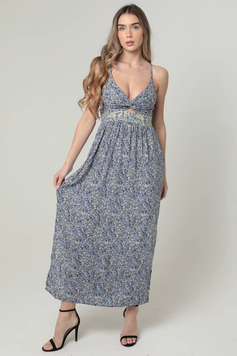F4B48-W982 V NECK TWIST FRONT CUT OUT MAXI DRESS