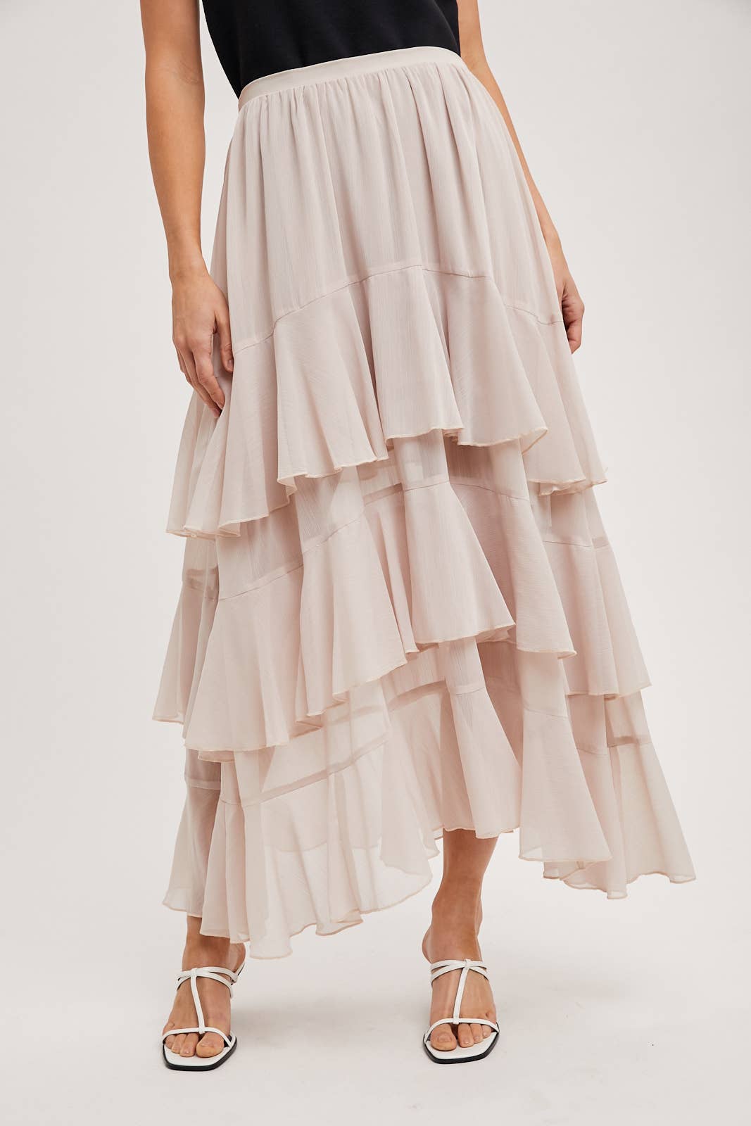 TIERED RUFFLE MAXI SKIRT WITH LINING: Black B02722