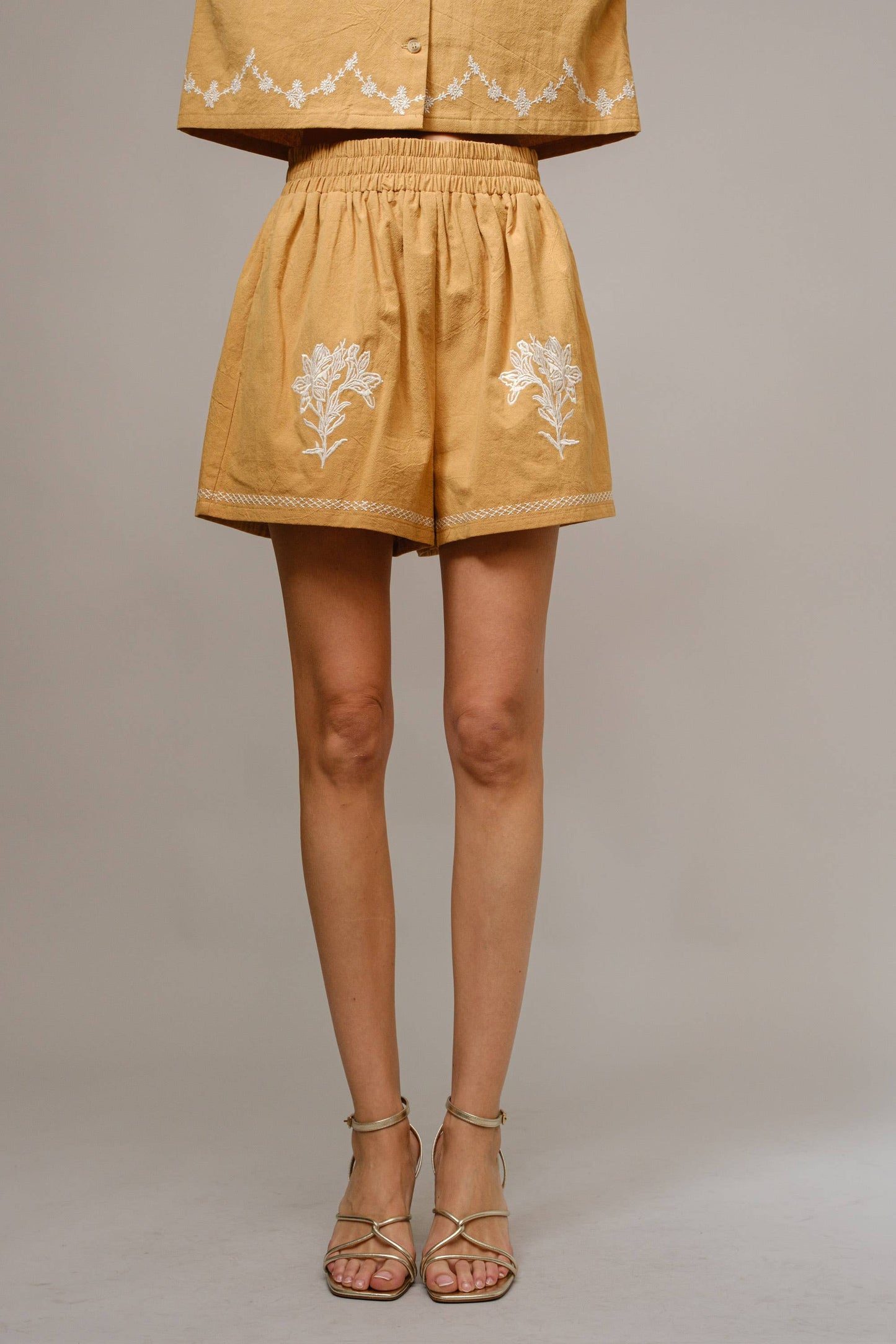 Shorts only 💖💖💖 - Cotton Embroidered Crop Shirt Set: TAN / 94380SET